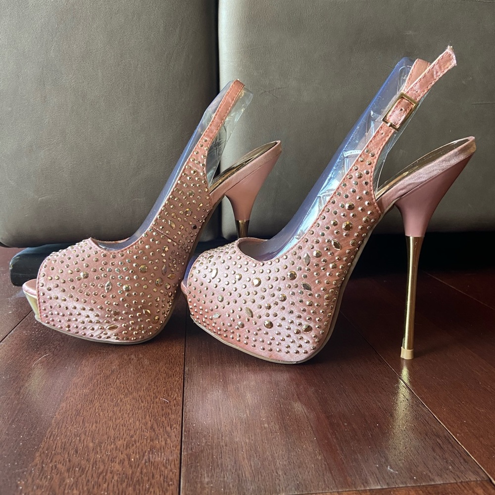 Shoe Dazzle Blush with Gold Rhinestone Slingbacks - Picture 2 of 4